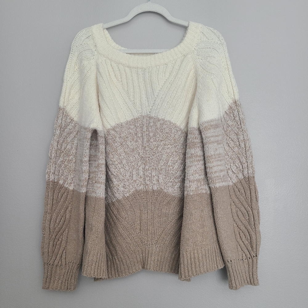 FATE Fuzzy Tan Multicolor Stripe Neutral Minimal Cozy Knit Woven Sweater XL nwt